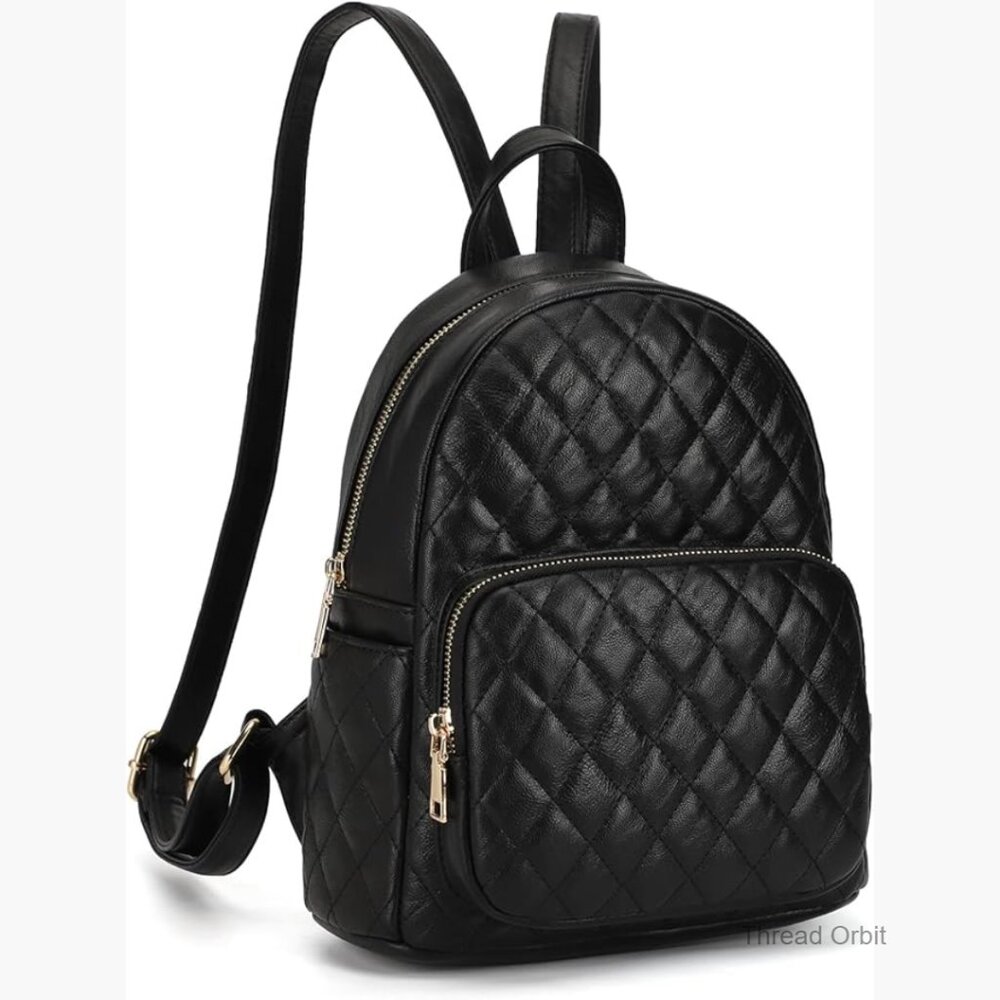 Quilted Mini Backpack PU Leather Satchel Daypack with Multiple Pockets